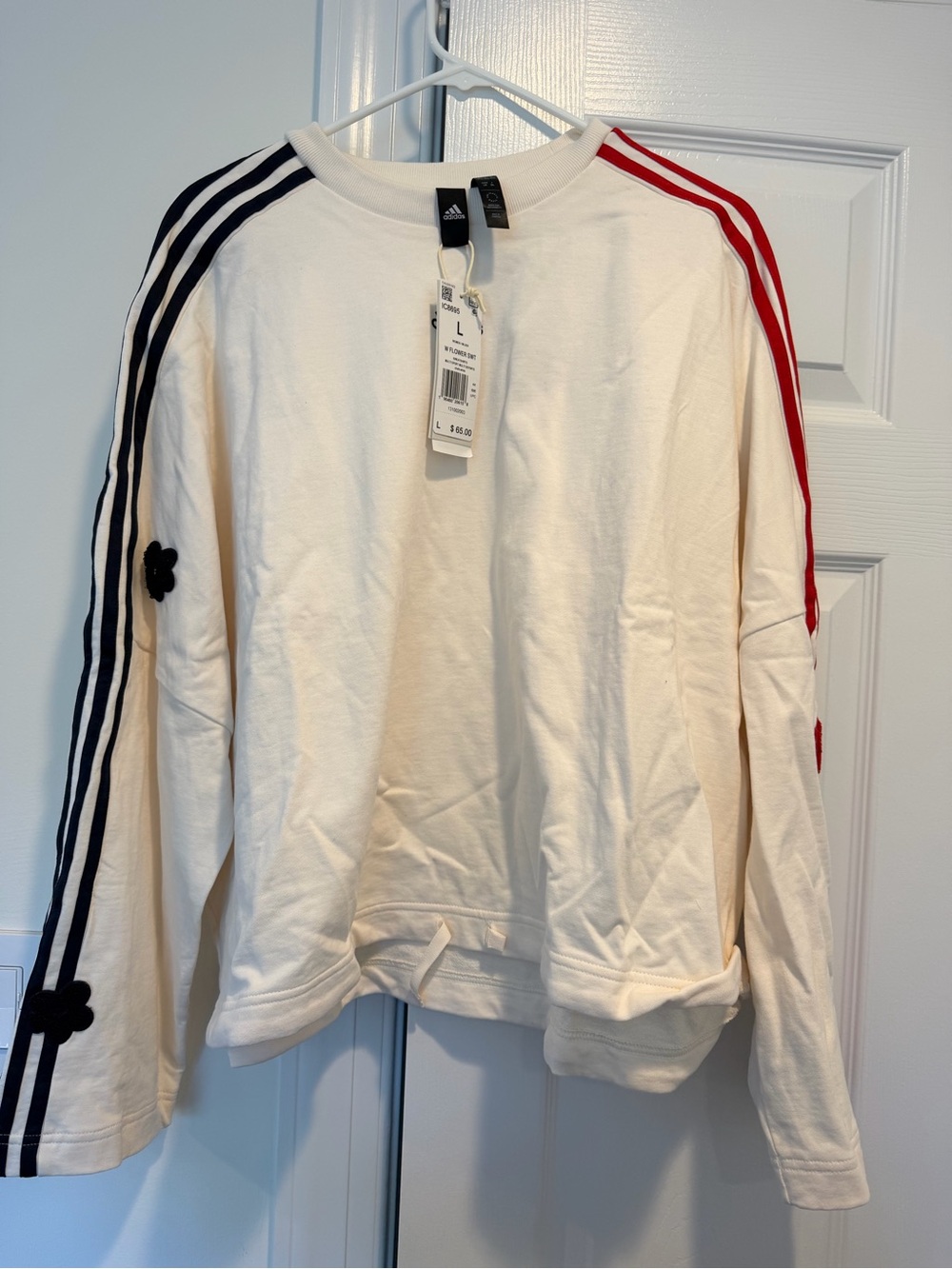 Adidas Chalk White Sweatshirt with Red and Navy Stripe Accents